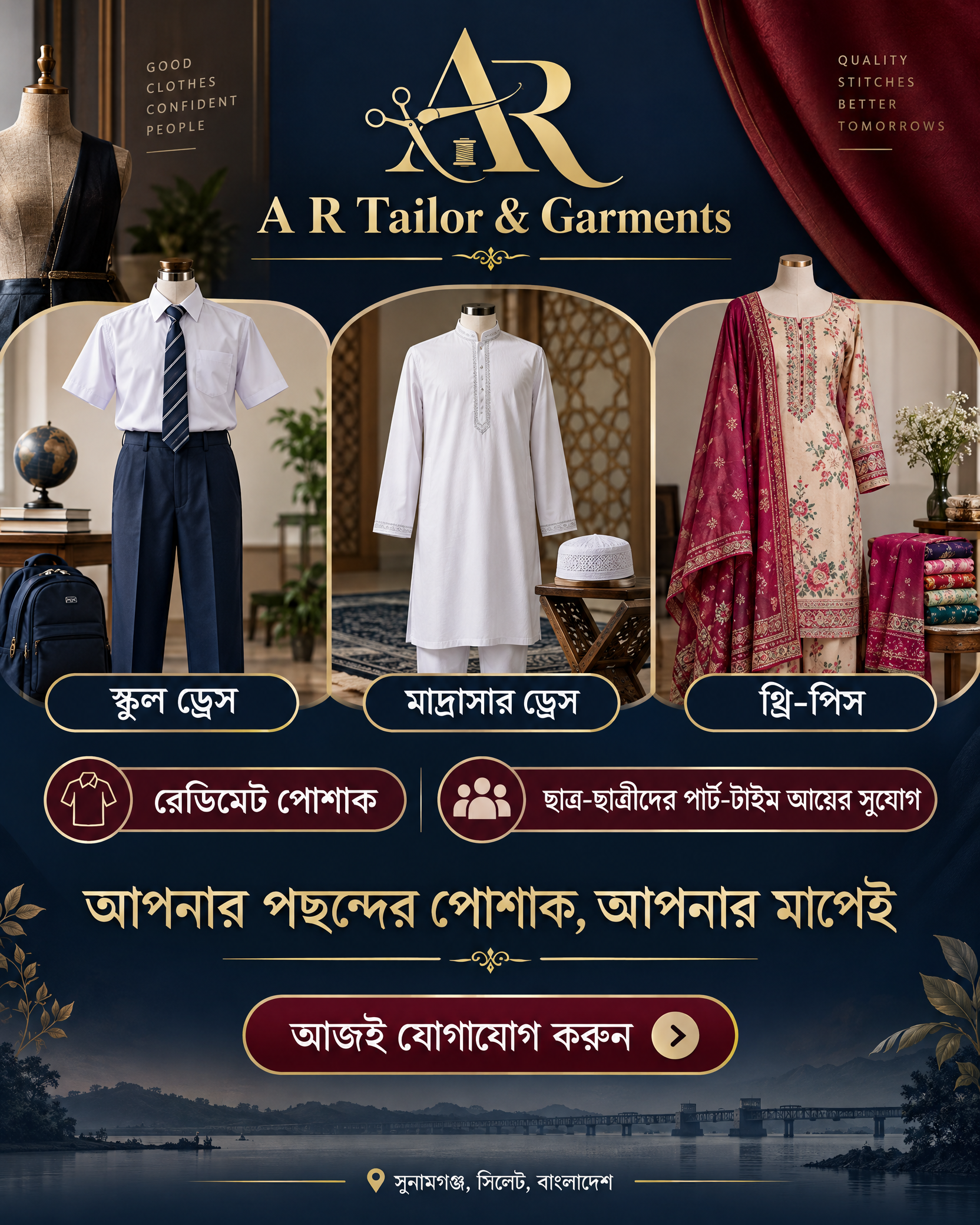 A R Tailor & Garments-এর স্কুল ড্রেস, মাদ্রাসার ড্রেস ও থ্রি-পিস ব্যানার
